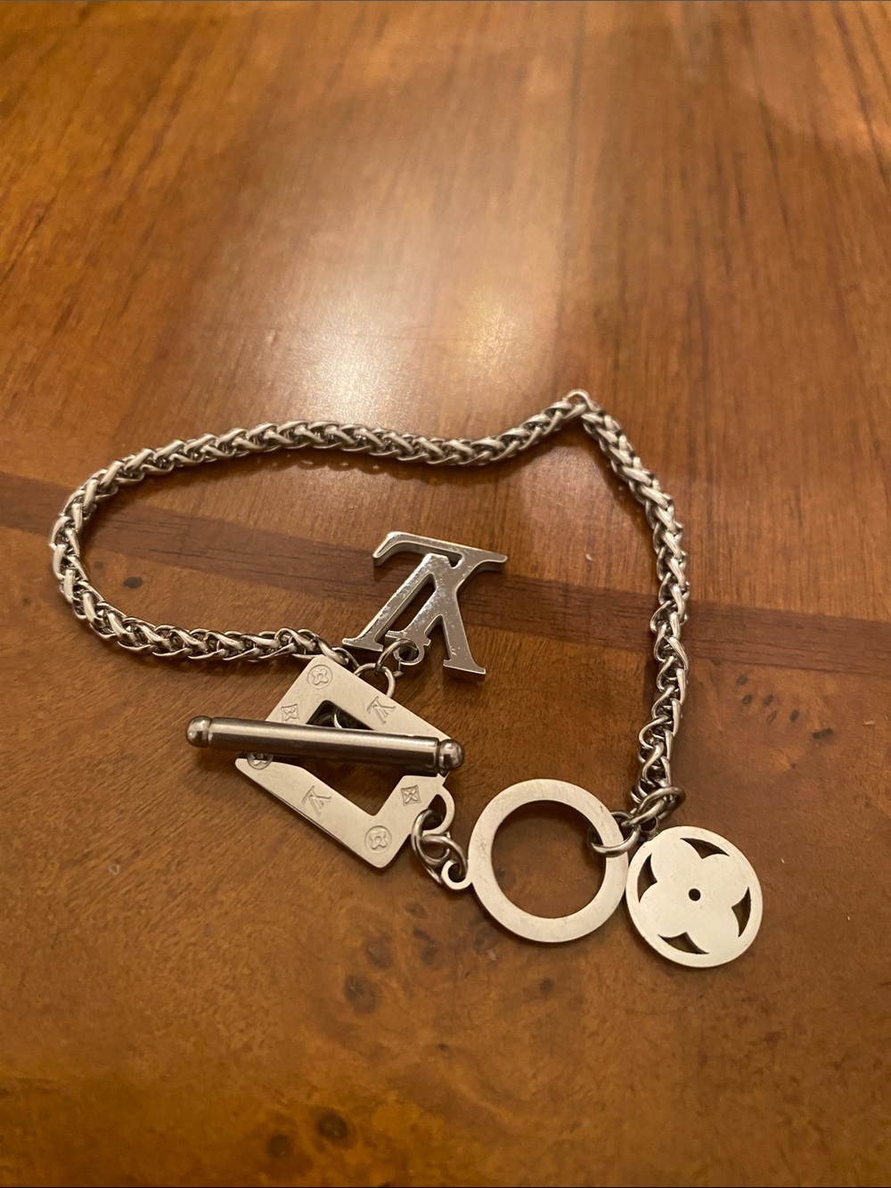 Fashion Jewelry Silver-Tone Chain Bracelet with Letter and Logo Charms